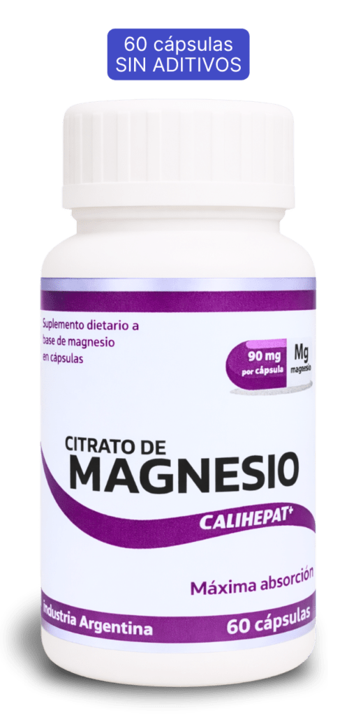 Frasco de Citrato de magnesio Calihepat Plus en cápsulas junto a un cartel con el texto "60 cápsulas, sin aditivos"