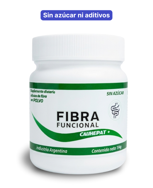 Frasco de fibra funcional Calihepat Plus en polvo de 114 g junto a un cartel con el texto "Sin azúcar ni aditivos"