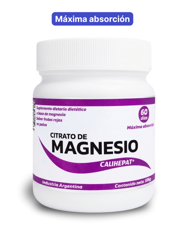 Frasco de Citrato de magnesio Calihepat Plus en polvo junto a un cartel con el texto "Máxima absorción"