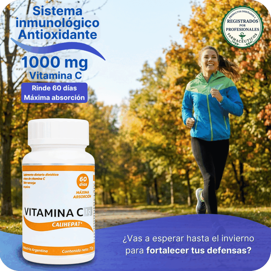Mujer sonriente corriendo por un sendero rodeado de árboles con hojas otoñales junto a un frasco de Vitamina C en polvo de Calihepat. Texto: Sistema inmunológico Antioxidante, 1000 mg Vitamina C, Rinde 60 días, Máxima absorción, ¿Vas a esperar hasta el invierno para fortalecer tus defensas?