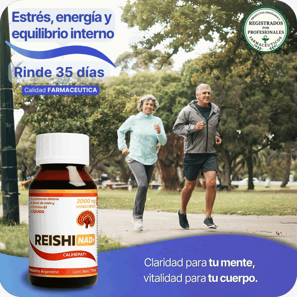 Pareja de adultos mayores corriendo en un parque junto a un frasco de Reishi NAD+ líquido Calihepat Plus. Texto de la imagen: Estrés, energía y equilibrio interno. Rinde 35 días. Calidad Farmacéutica. Claridad para tu mente, vitalidad para tu cuerpo. 2000 mg de Hongo Reishi.