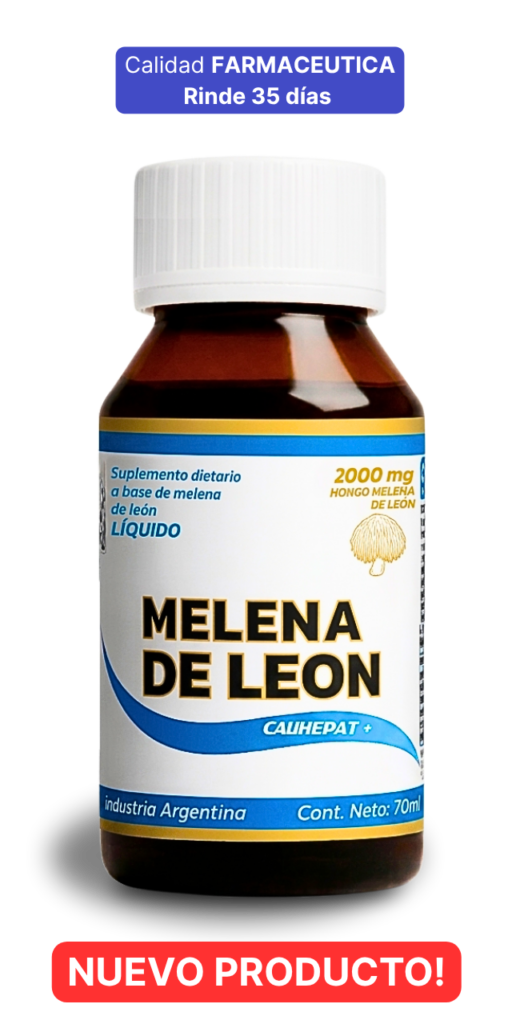 Frasco de Melena de León Calihepat Plus líquido de 70 ml junto a un cartel con el texto "Calidad Farmacéutica, rinde 35 días"