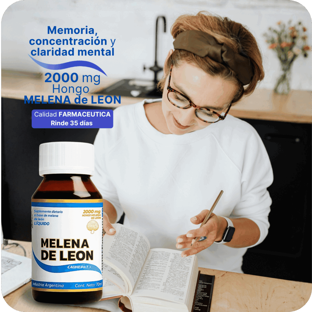 Mujer concentrada leyendo un libro junto a un frasco de suplemento líquido Melena de León de Calihepat. Texto: Memoria, concentración y claridad mental, 2000 mg Hongo Melena de León, Calidad Farmacéutica, rinde 35 días