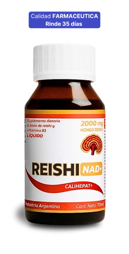 Frasco de Reishi NAD+ líquido Calihepat Plus junto a un cartel con el texto "Calidad Farmacéutica, rinde 35 días"