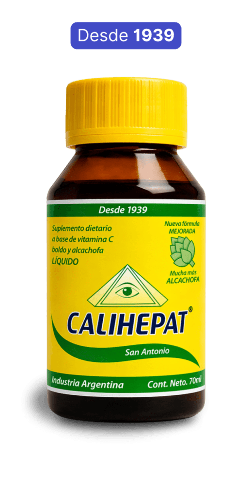 Frasco de Calihepat líquido con vitamina C, boldo y alcachofa junto a un cartel con el texto "Desde 1939". Producto conocido tradicionalmente como Calihepat bebida de San Antonio.
