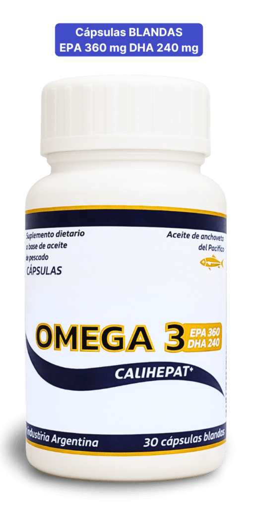 Frasco de Omega 3 Calihepat Plus en cápsulas blandas junto a un cartel con el texto "Cápsulas blandas, EPA 360 mg, DHA 240 mg"