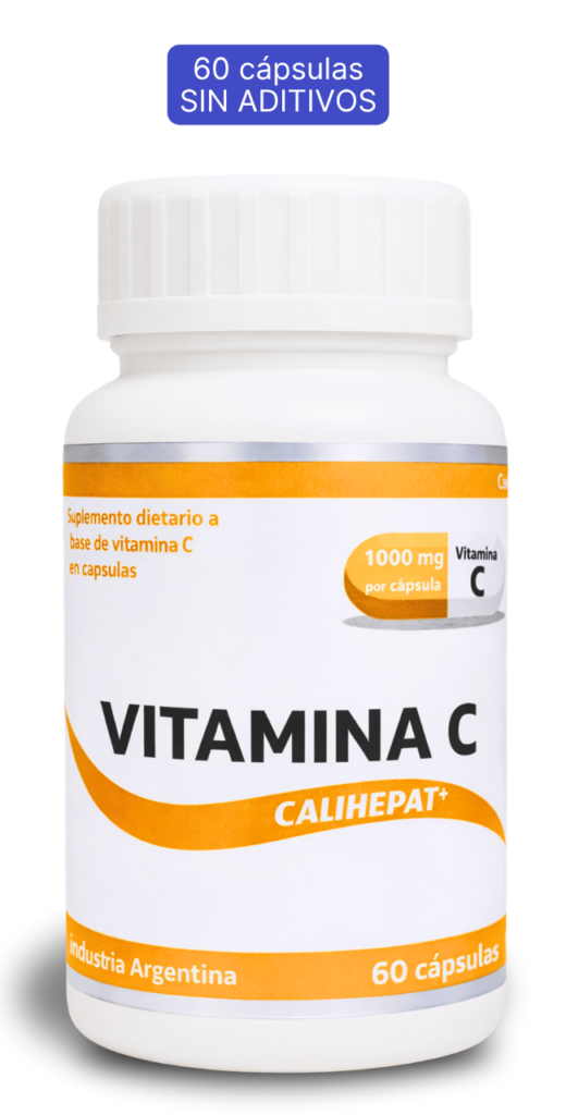 Frasco de Vitamina C Calihepat Plus en cápsulas junto a un cartel con el texto "60 cápsulas, sin aditivos"