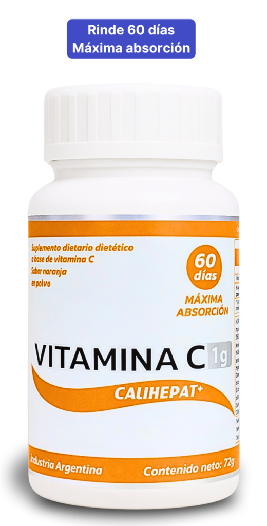 Frasco de Vitamina C Calihepat Plus en polvo junto a un cartel con el texto "Rinde 60 días, máxima absorción"